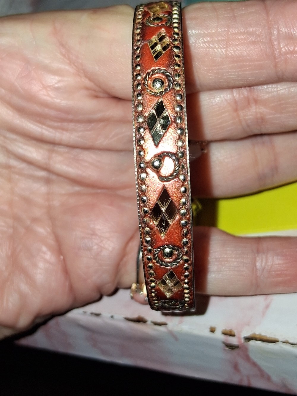 Handcrafted Women's Orange and Gold Decorative Bangle Bracelet